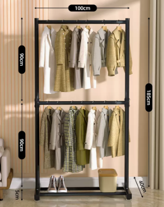 Hot push double-layer simple floor-standing clothes hanger (black) (size: length 100 width 40 height 185CM)