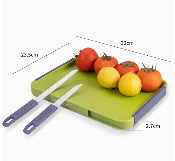 熱推多功能雙面切果盤（中號綠色（內置雙刀））（規格：32*23.5*2.7CM）