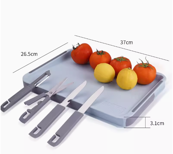 熱推多功能雙面切果盤（大號藍色（內置四把刀））（規格：37*26.5*3.1CM）