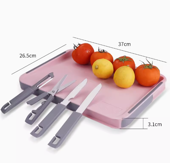 熱推多功能雙面切果盤（大號粉色（內置四把刀））（規格：37*26.5*3.1CM）