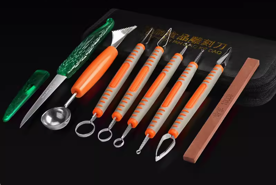 Hotly recommended 9-piece food carving knife set (orange) (carving knife, double-headed fruit scooping knife, 5 pull carving knives, whetstone, leather case packaging)
