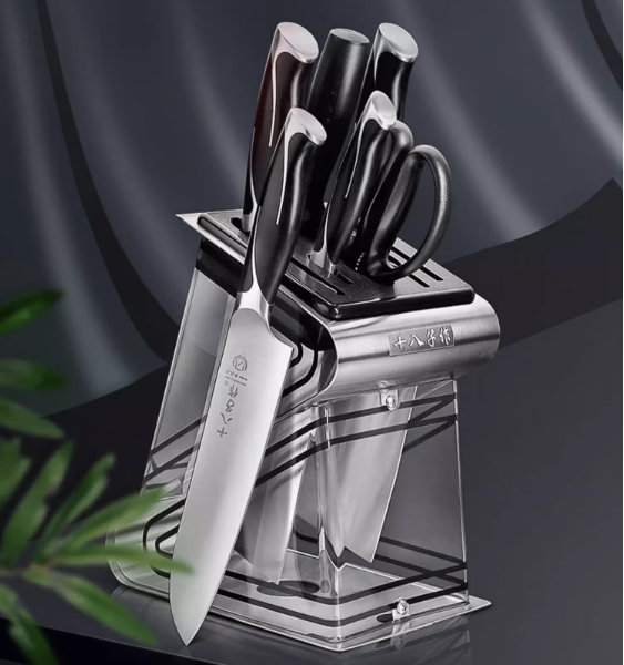 Hot recommended stainless steel knife combination set (SL1619 Zhenjin seven-piece set) (slicing knife, bone chopping knife, multi-purpose knife, fruit knife, kitchen scissors, knife holder, sharpening rod) (Specification: 34.6*26.5*15.6CM)