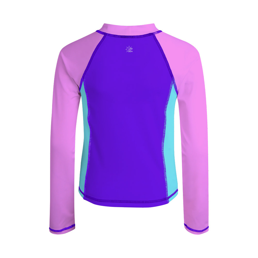 兒童長袖拼色游泳防曬上衣 - 紫/粉紅