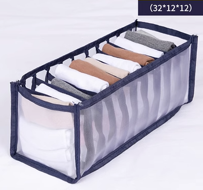 熱推布藝收納盒（藏青色-1個裝11格（襪子格））（尺寸：32*12*12cm）