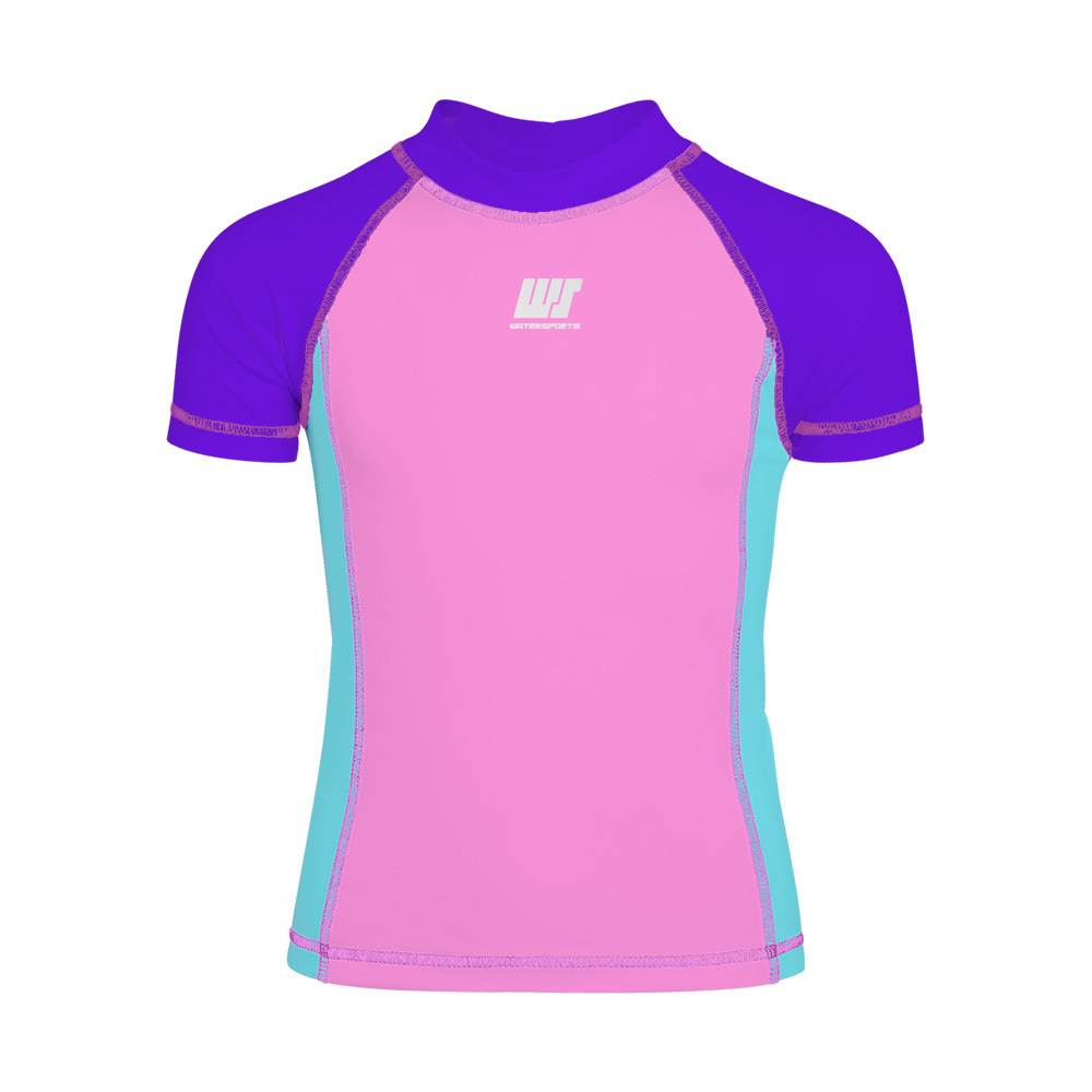 兒童短袖拼色游泳防曬上衣 - 粉紅/紫