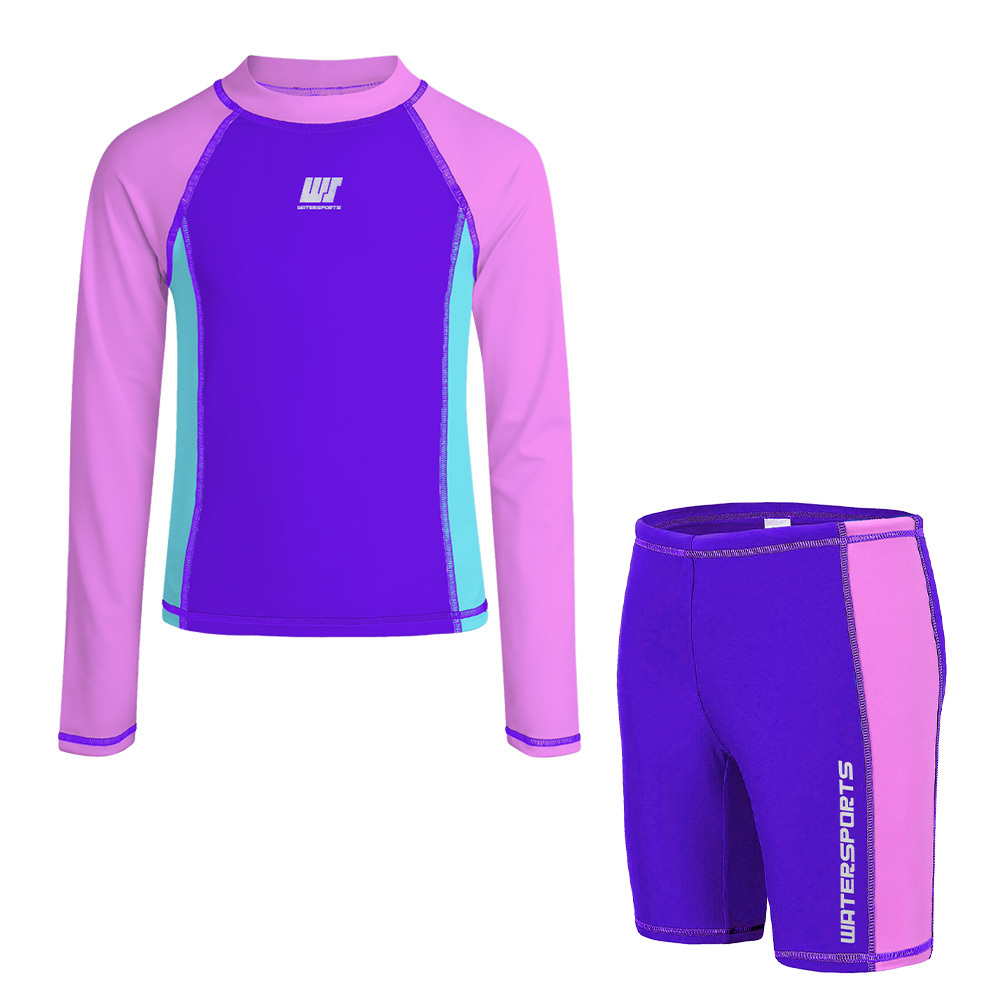 兒童長袖拼色游泳防曬套裝 - 紫/粉紅