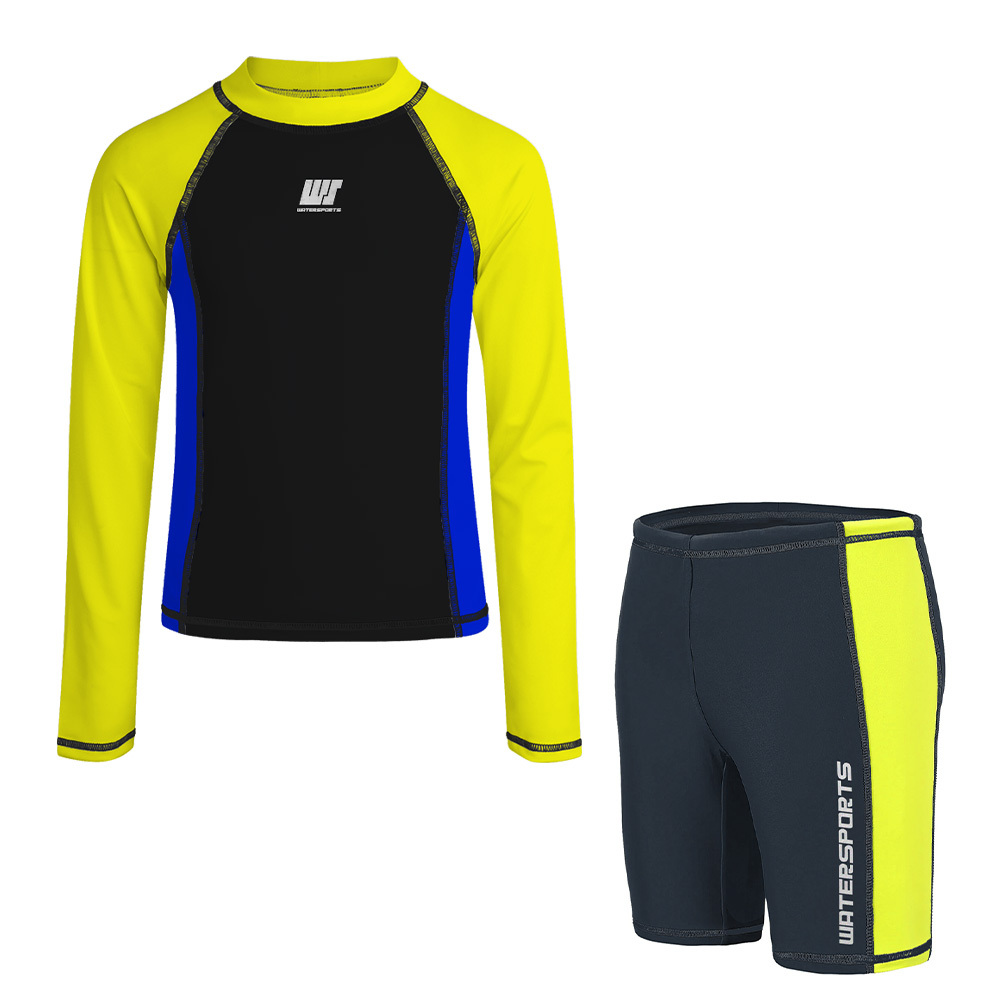 兒童長袖拼色游泳防曬套裝 - 黑/黃