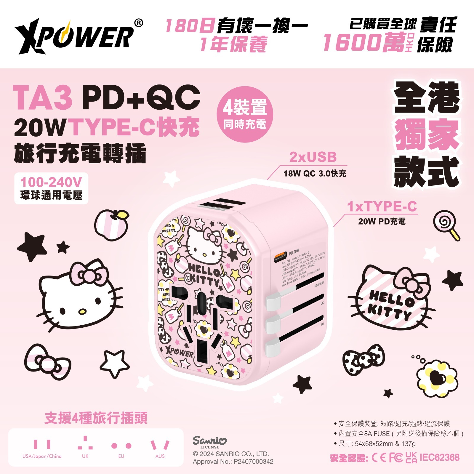 XPower x Sanrio Hello Kitty TA3 20W TYPE-C快充旅行充電轉插