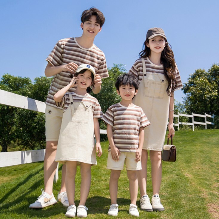 少量現貨 親子裝 咖色條紋親子裝 上衣 / 短褲 / 假兩件洋裝