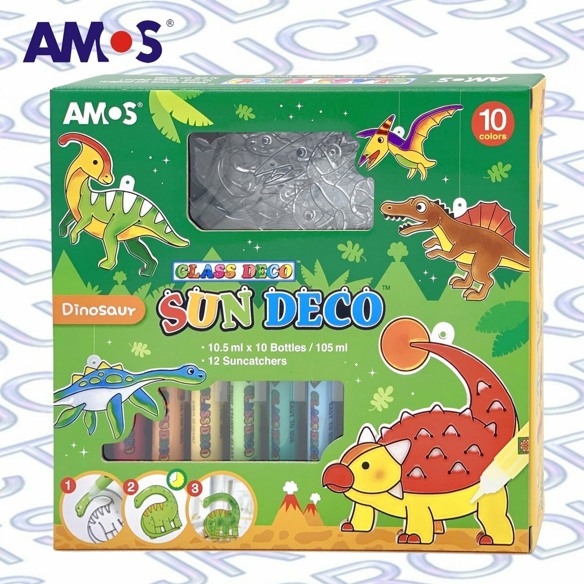 AMOS - 韓國 AMOS 繪畫玻璃彩連掛飾膠牌, 恐龍 10.5毫升 x 10色 (大盒套裝) #SD10P10-D《香港行貨》- 1 套