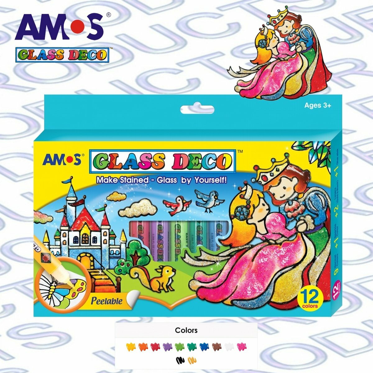 AMOS - 韓國 AMOS 繪畫玻璃彩, 公主與王子 10.5毫升 x 12色盒裝 #GD10P12R《香港行貨》- 1 套