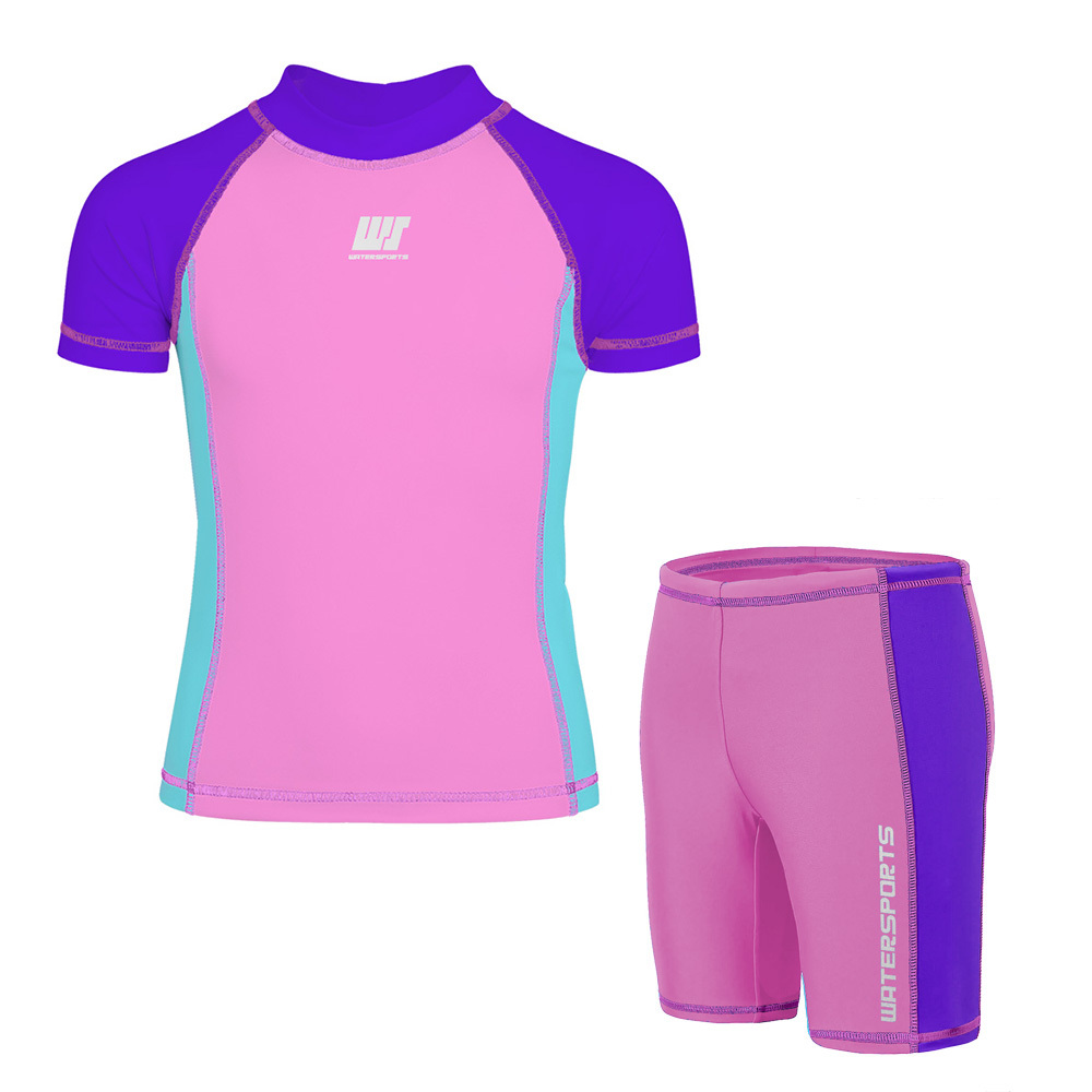 兒童長袖拼色游泳防曬套裝 - 粉紅/紫