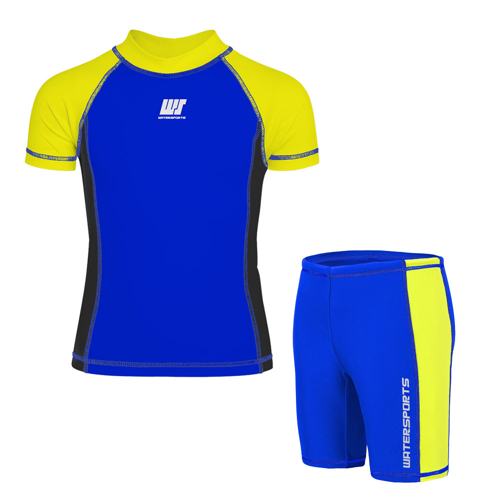 兒童長袖拼色游泳防曬套裝 - 藍/黃