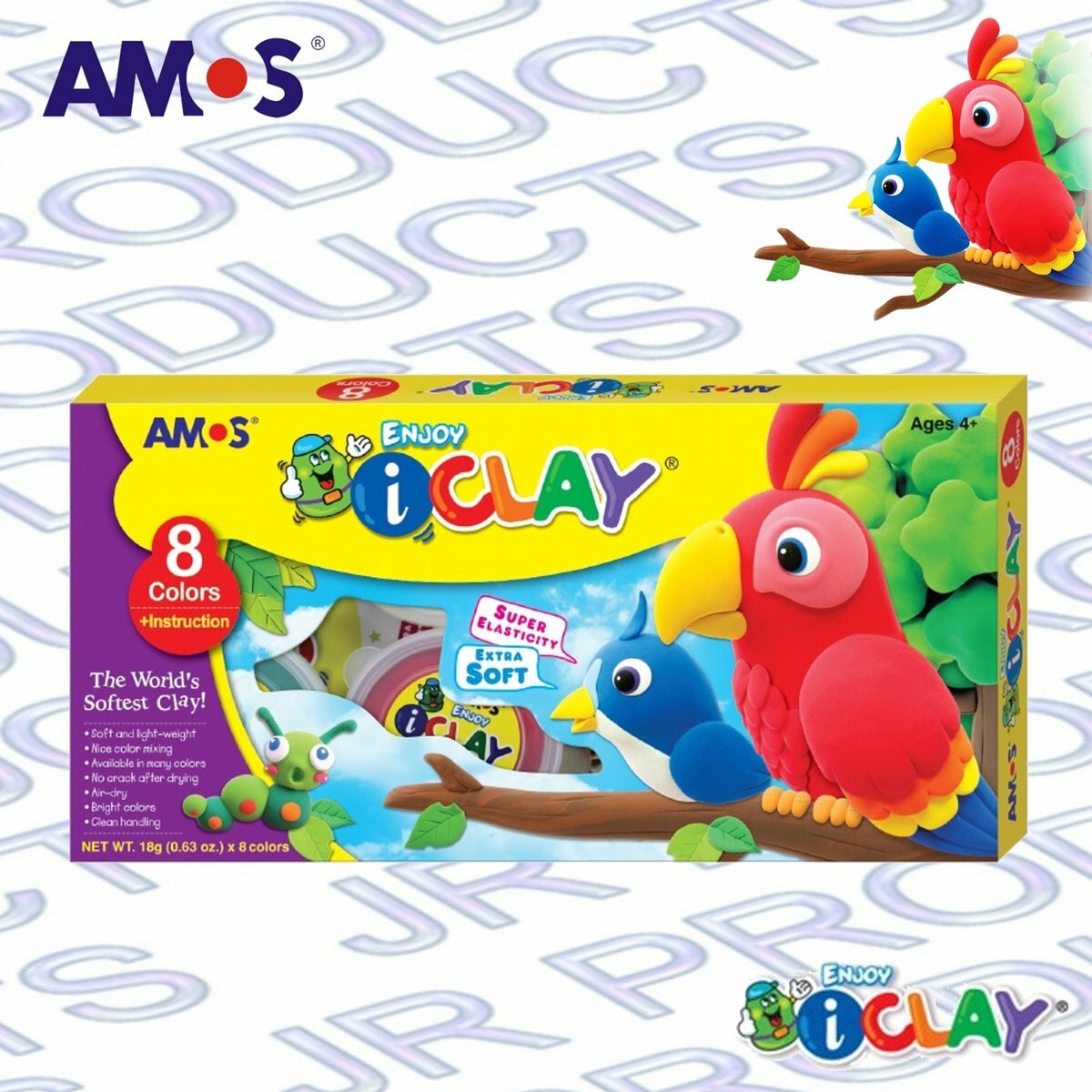AMOS - 韓國 AMOS iCLAY® 炫彩鸚鵡造型 輕黏土, 8色套裝 #IC8P《香港行貨》- 1 套