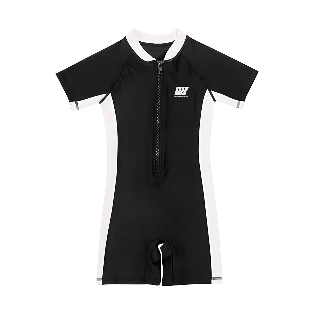 女童經典款短袖連身游泳防曬衣 - 黑/白