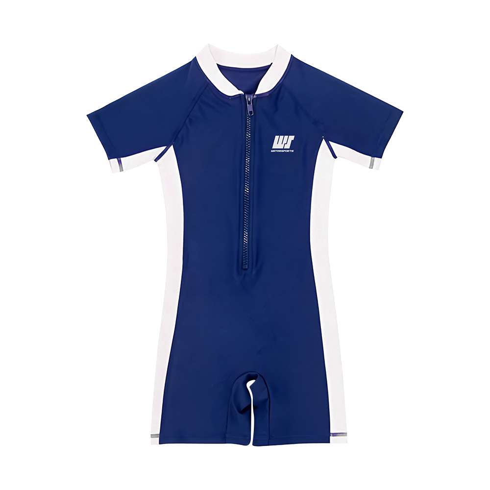 女童經典款短袖連身游泳防曬衣 - 深藍/白