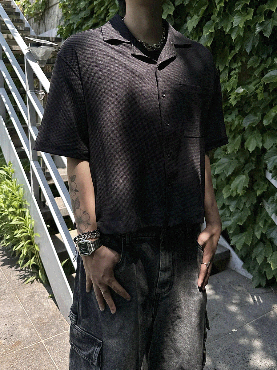 奶昔華夫格短款短袖襯衫