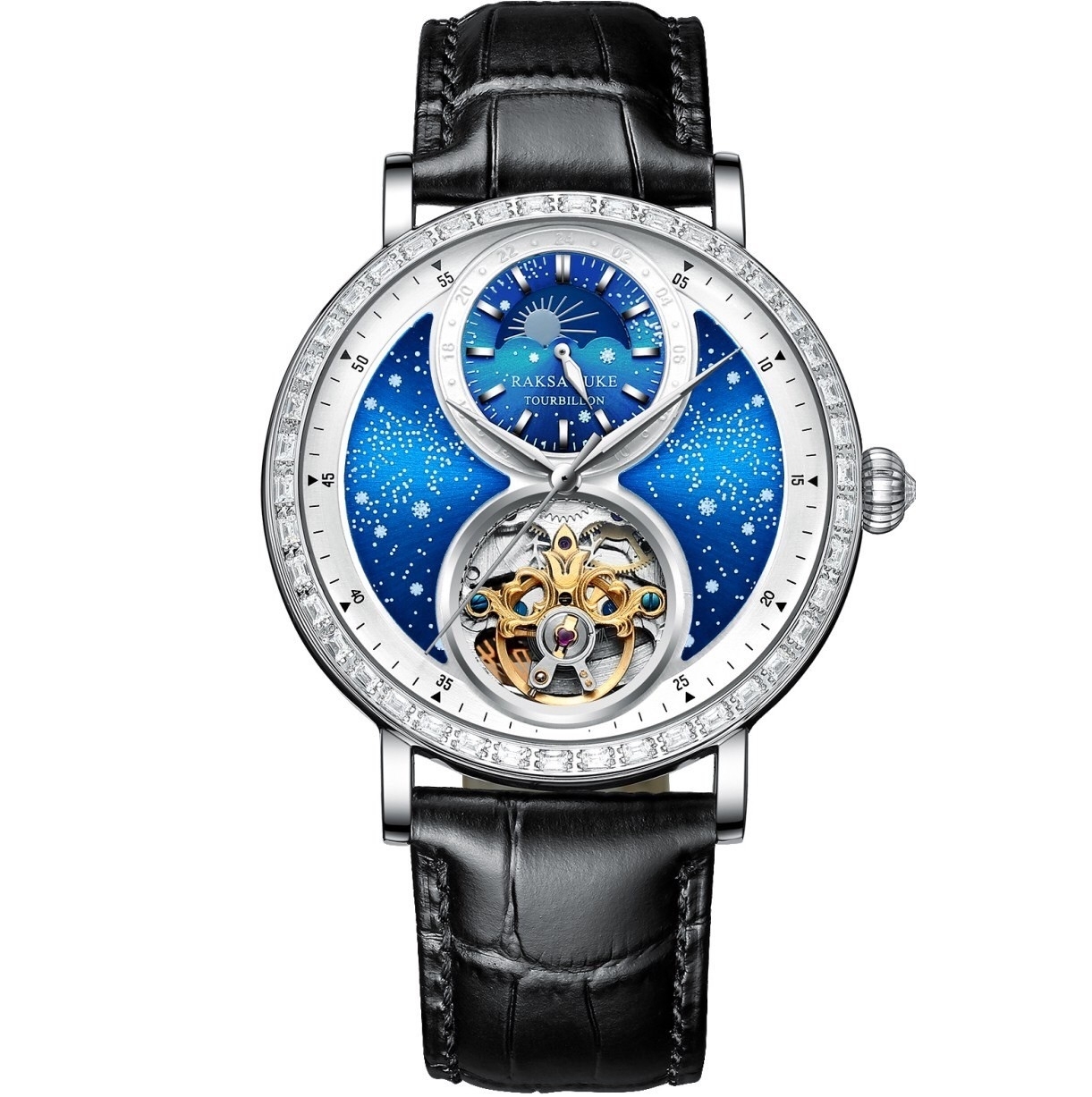 【RAKSA DUKE羅薩公爵】RSD-008 日月星辰 晶鑽錶圈 夜光指針刻度 頭層小牛皮錶帶 機械 腕錶 46MM-