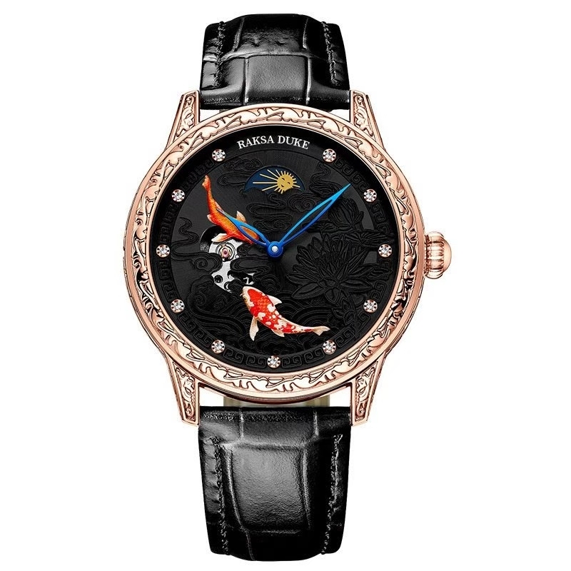 【RAKSA DUKE羅薩公爵】RSD-011 雙魚 立體浮雕錶盤 日月星辰 晶鑽時標 頭層小牛皮錶帶 機械錶 46MM-