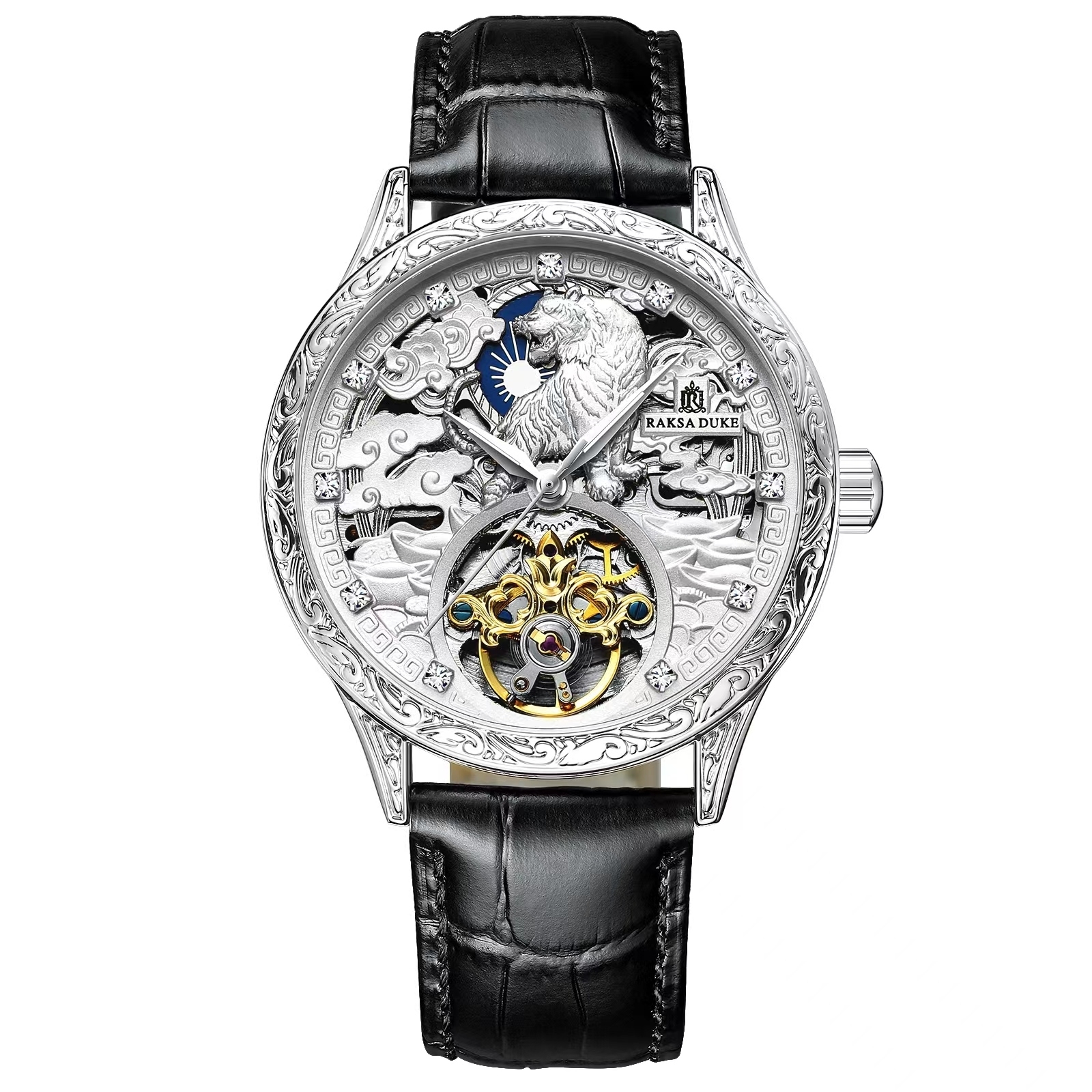 【RAKSA DUKE羅薩公爵】RSD-021 虎年款雕花設計錶盤 夜光指針 晶鑽時標 日月星辰 小牛皮錶帶 機械錶-