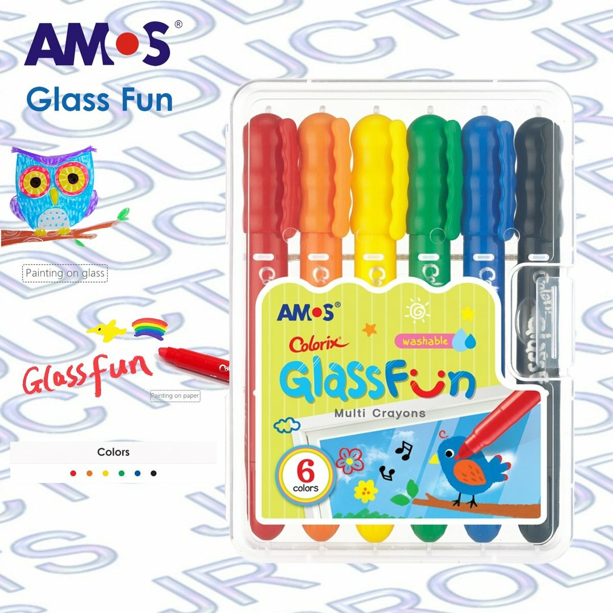 AMOS - 韓國 AMOS Colorix® 多功能水溶性玻璃彩蠟筆, 6色套裝 #GF6PC《香港行貨》- 1 套