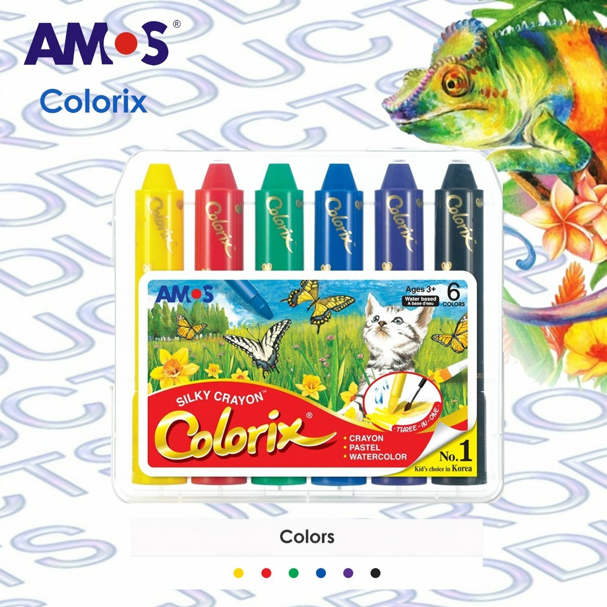 AMOS - 韓國 AMOS Colorix® 粗杆3合1水彩粉彩蠟筆, 6色套裝 #CRX5PC6《香港行貨》- 1 套