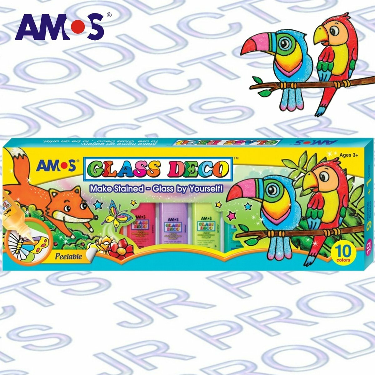 AMOS - 韓國 AMOS 繪畫玻璃彩, 炫彩鸚鵡 22毫升 x 10色盒裝 #GD22P10《香港行貨》- 1 套