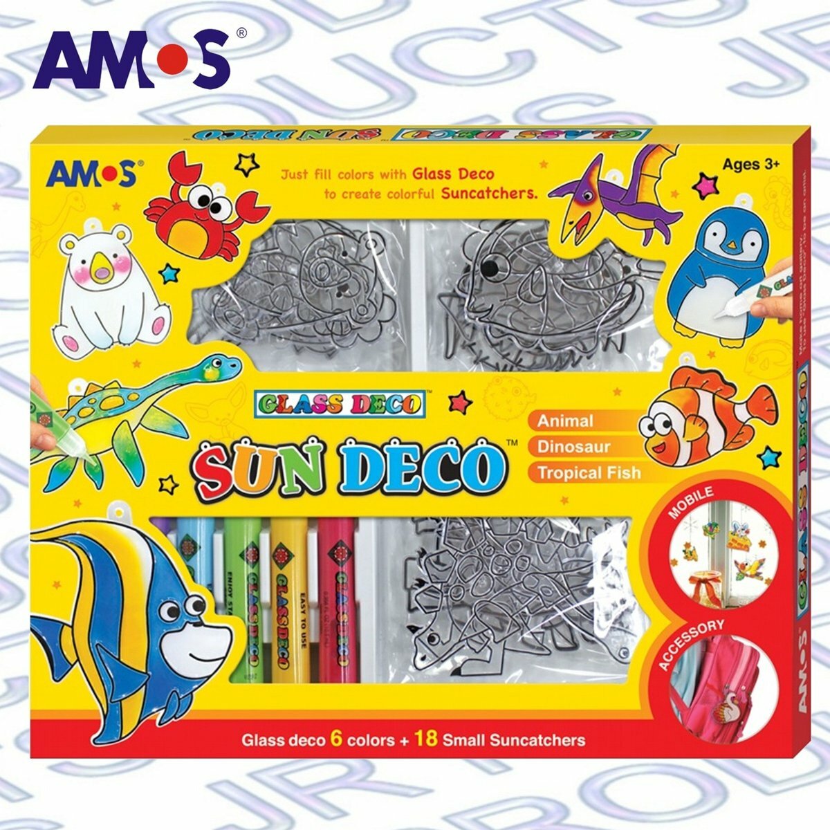 AMOS - 韓國 AMOS 繪畫玻璃彩連掛飾膠牌, 動物+恐龍+熱帶魚 10.5毫升 x 6色 (大盒套裝) #SD10P6-SC《香港行貨》- 1 套