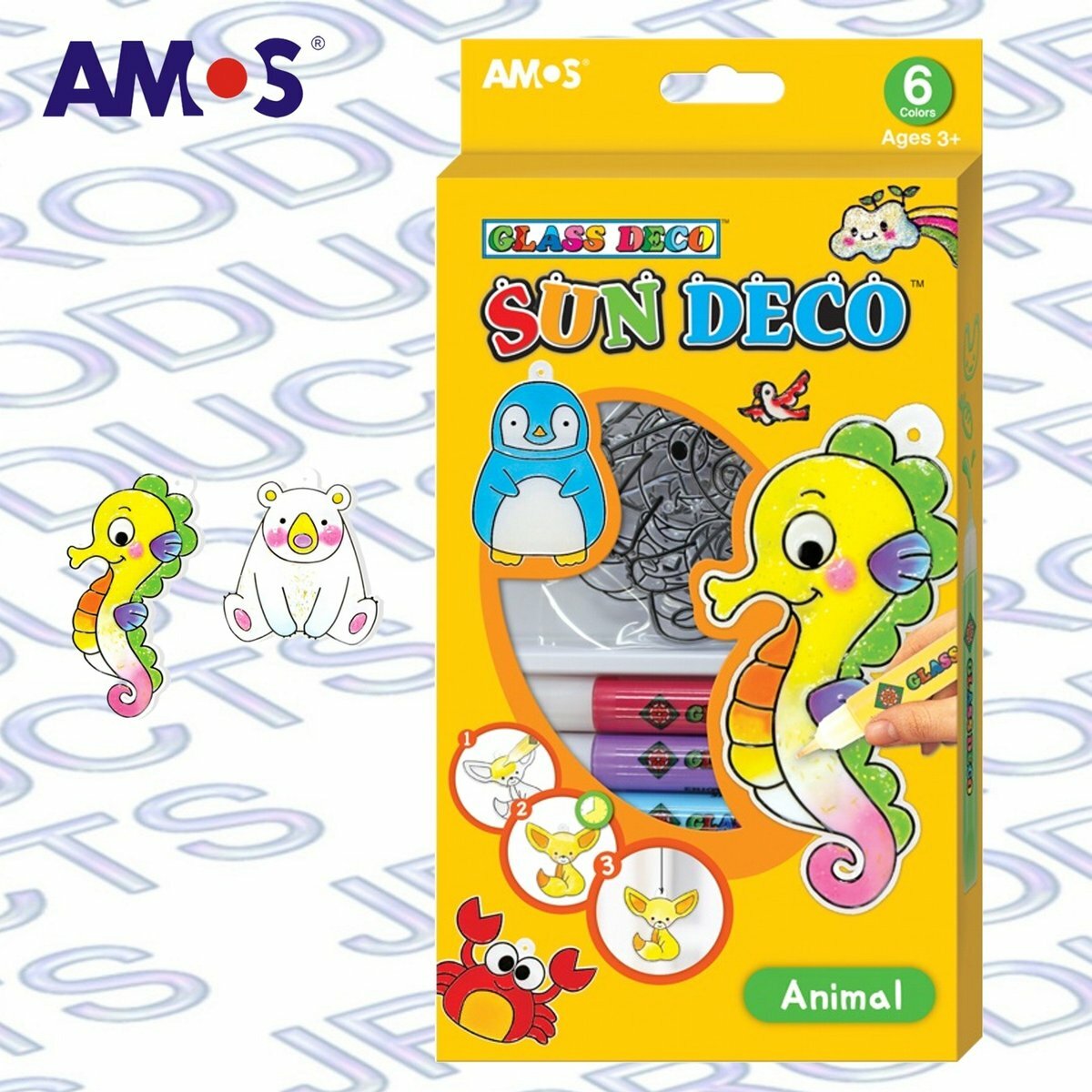 AMOS - 韓國 AMOS 繪畫玻璃彩連掛飾膠牌, 動物 10.5毫升 x 6色(小盒裝) #SD10P6-A《香港行貨》- 1 套