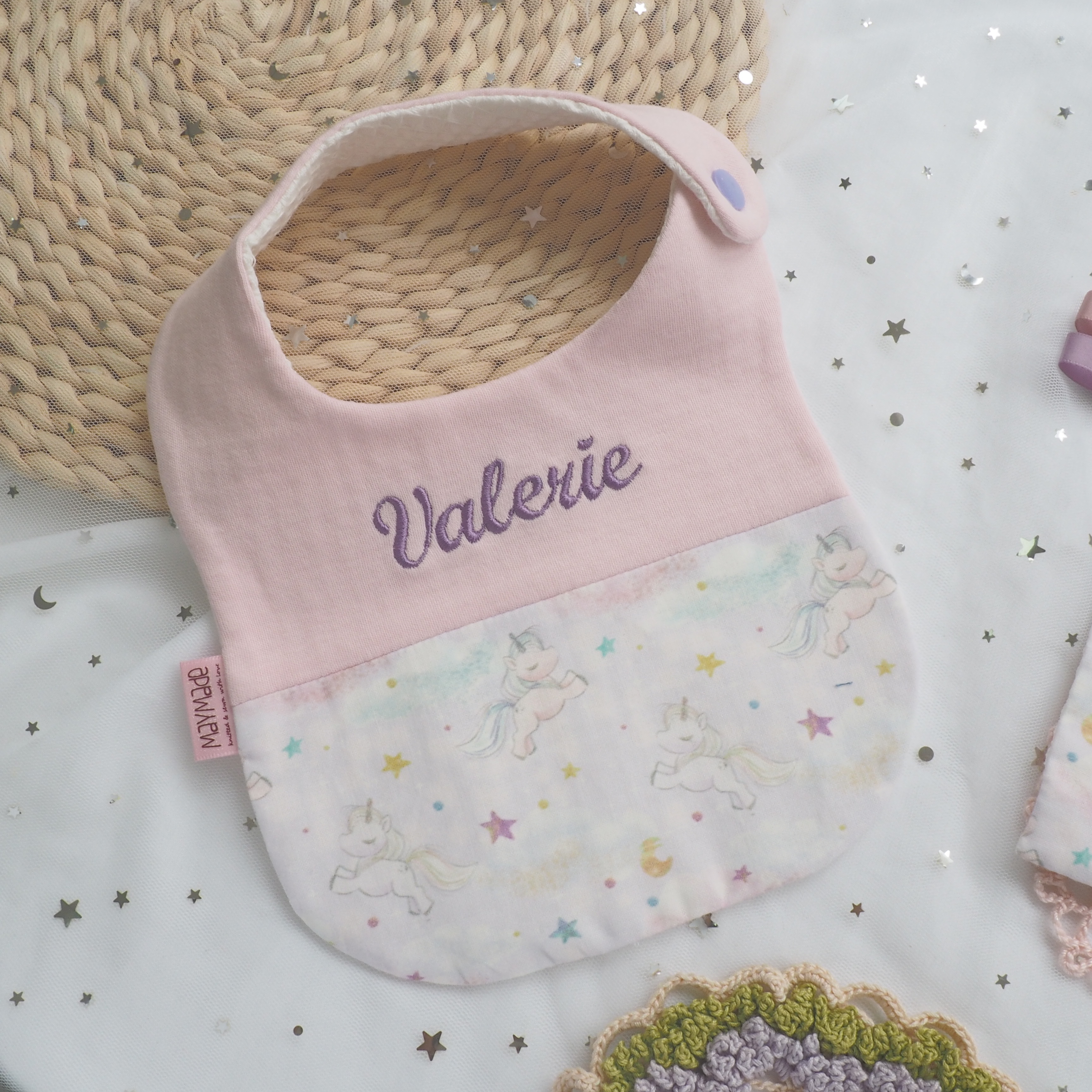 獨角獸純棉布圖案 拼布款繡名口水肩