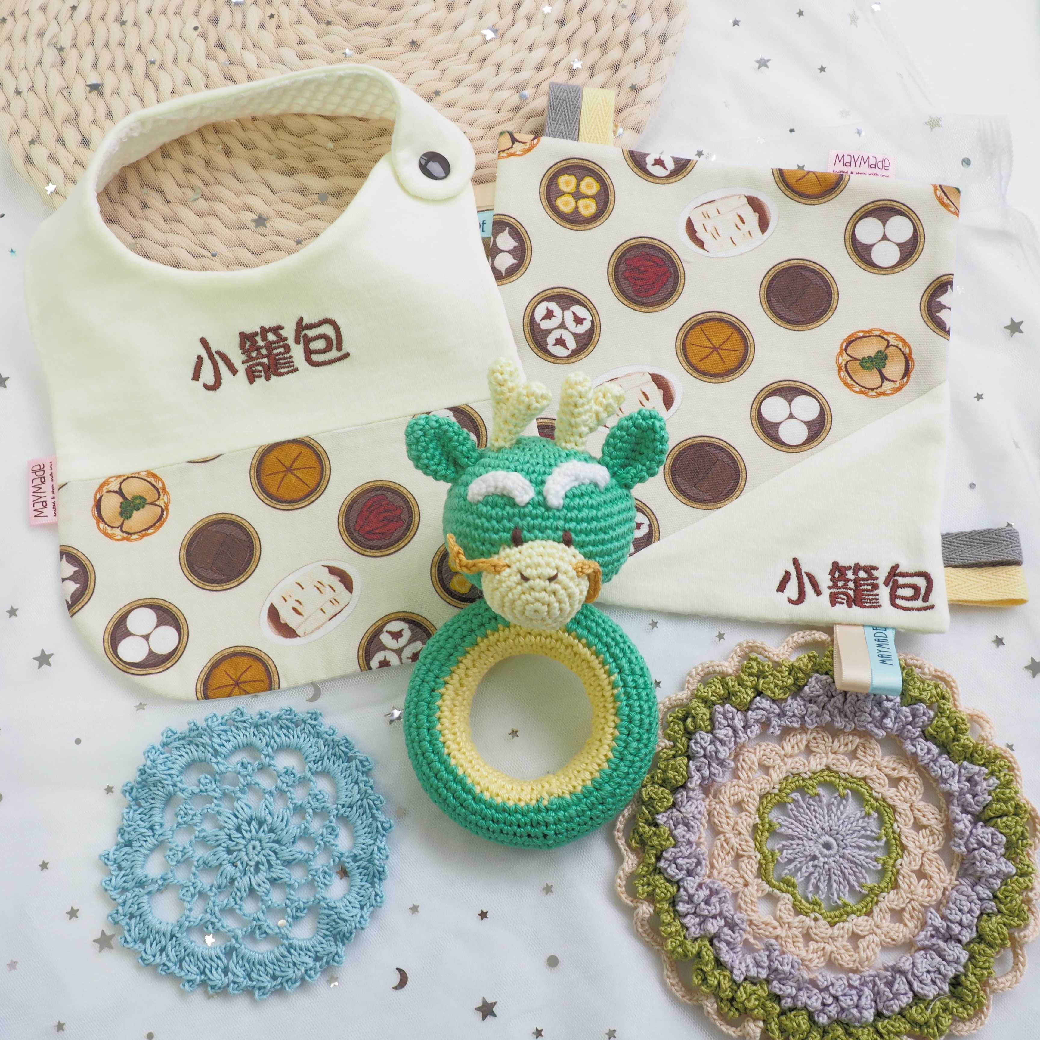 點心圖案 拼布款繡名口水肩