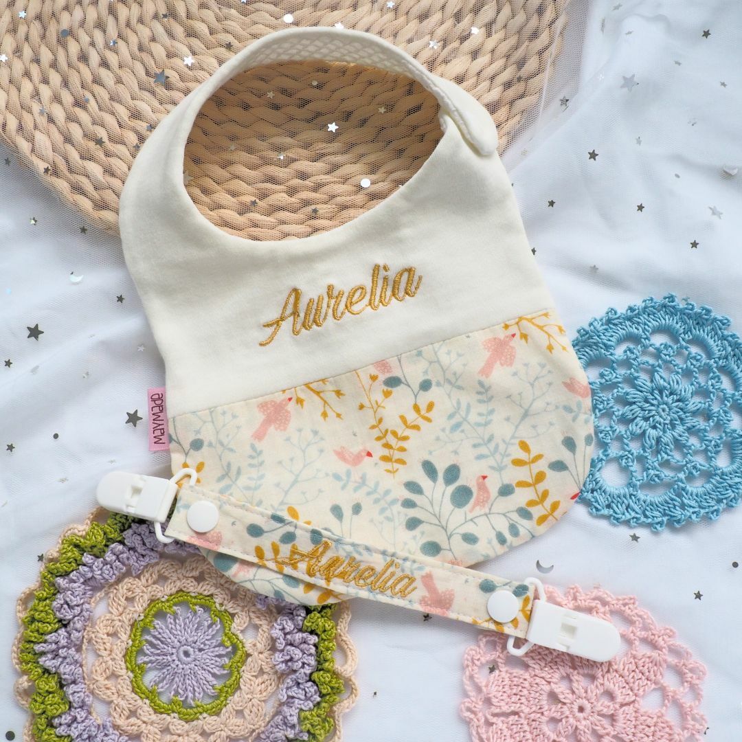 花鳥叢林圖案 拼布款繡名口水肩