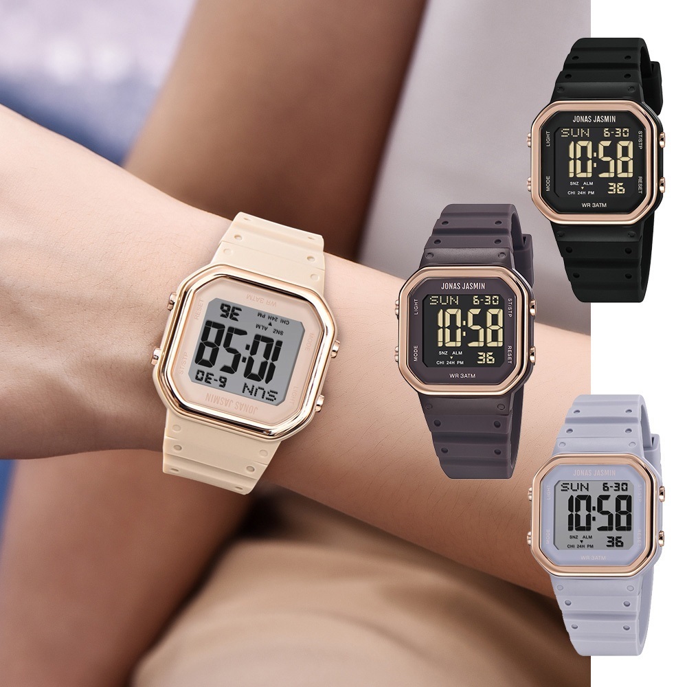 【Jonas Jasmin 喬納斯】JJ-5318 女士現代質感 多面立體 前衛時尚 日期背光 多功能電子錶 手錶-紫色