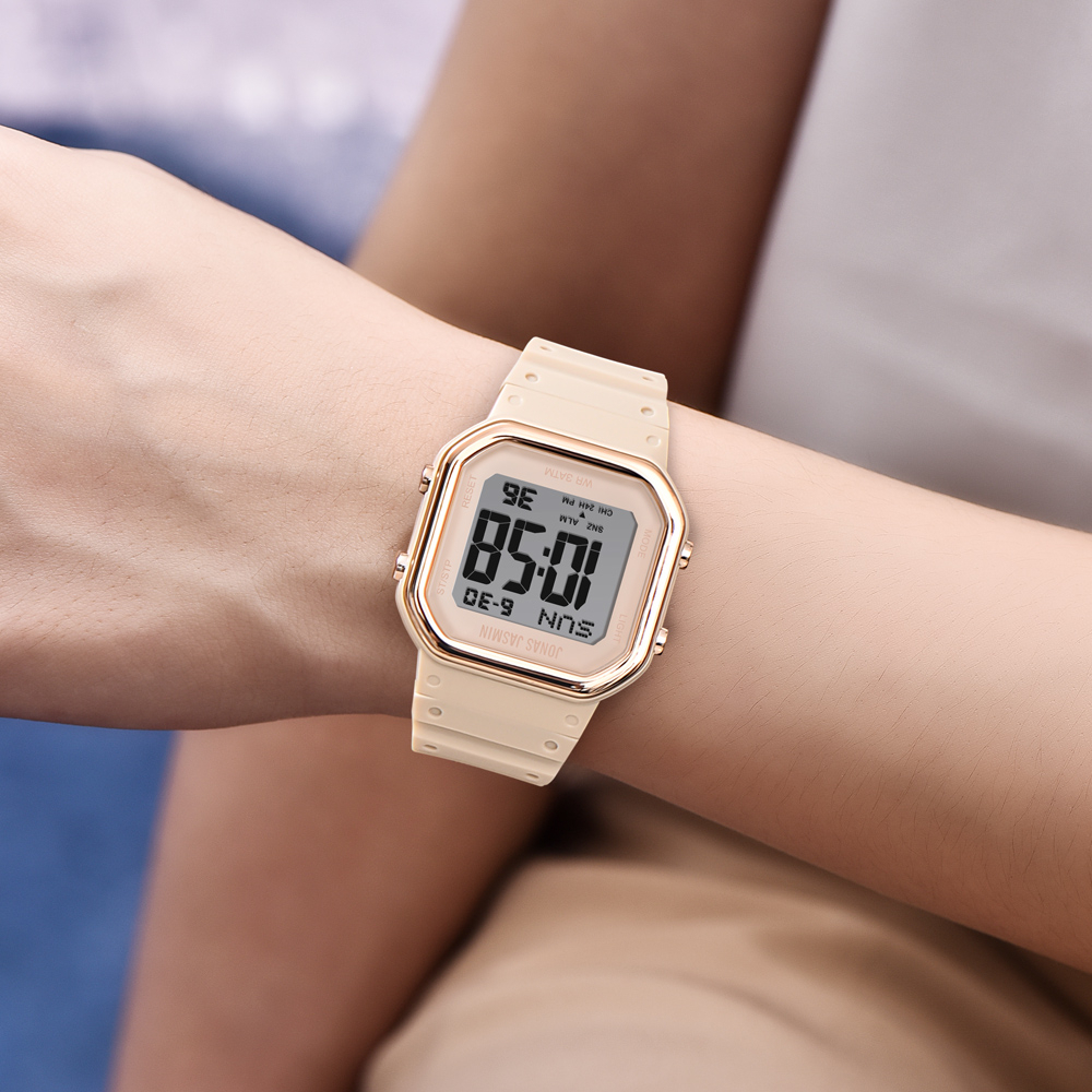 【Jonas Jasmin 喬納斯】JJ-5318 女士現代質感 多面立體 前衛時尚 日期背光 多功能電子錶 手錶-紫色