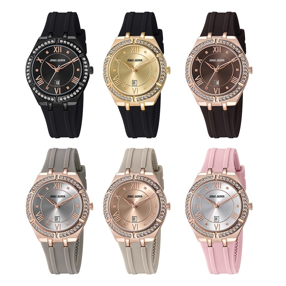 【Jonas Jasmin 喬納斯】JJ-2267L 柔美輕奢 亮麗晶鑽 優雅淑女 典雅羅馬字 帶日期 女款 矽膠 石英錶 手錶