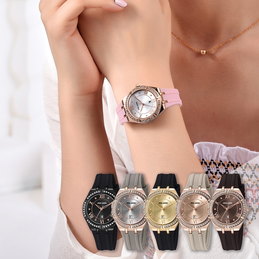 【Jonas Jasmin 喬納斯】JJ-2267L 柔美輕奢 亮麗晶鑽 優雅淑女 典雅羅馬字 帶日期 女款 矽膠 石英錶 手錶