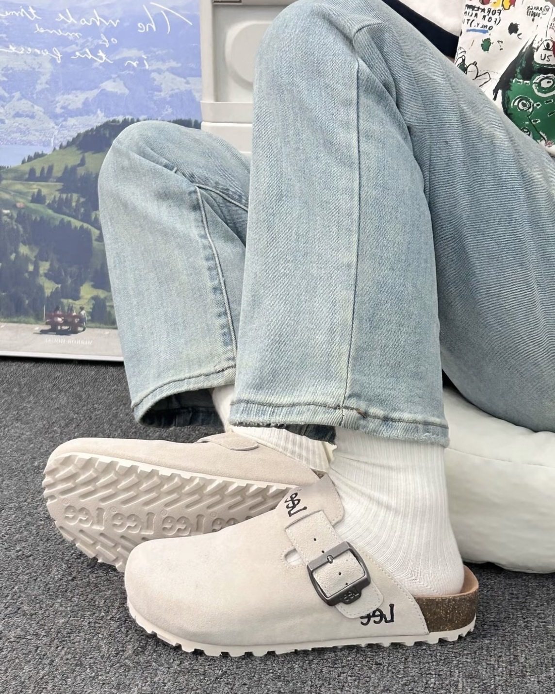 "現貨" LEE LOGO 勃肯鞋 拖鞋 包頭鞋 軟木底 懶人鞋 麂皮 米色 棕色 芥末黃