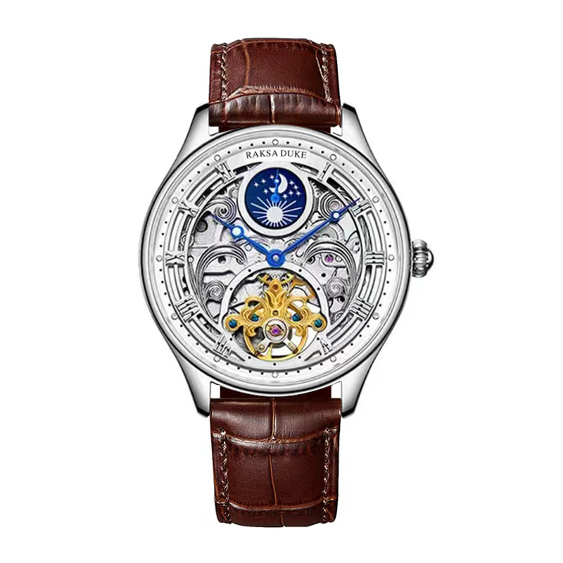 【RAKSA DUKE羅薩公爵】RSD-037-L 鏤空機械錶盤 日月星辰 夜光指針 防水30米 真牛皮錶帶 42MM-