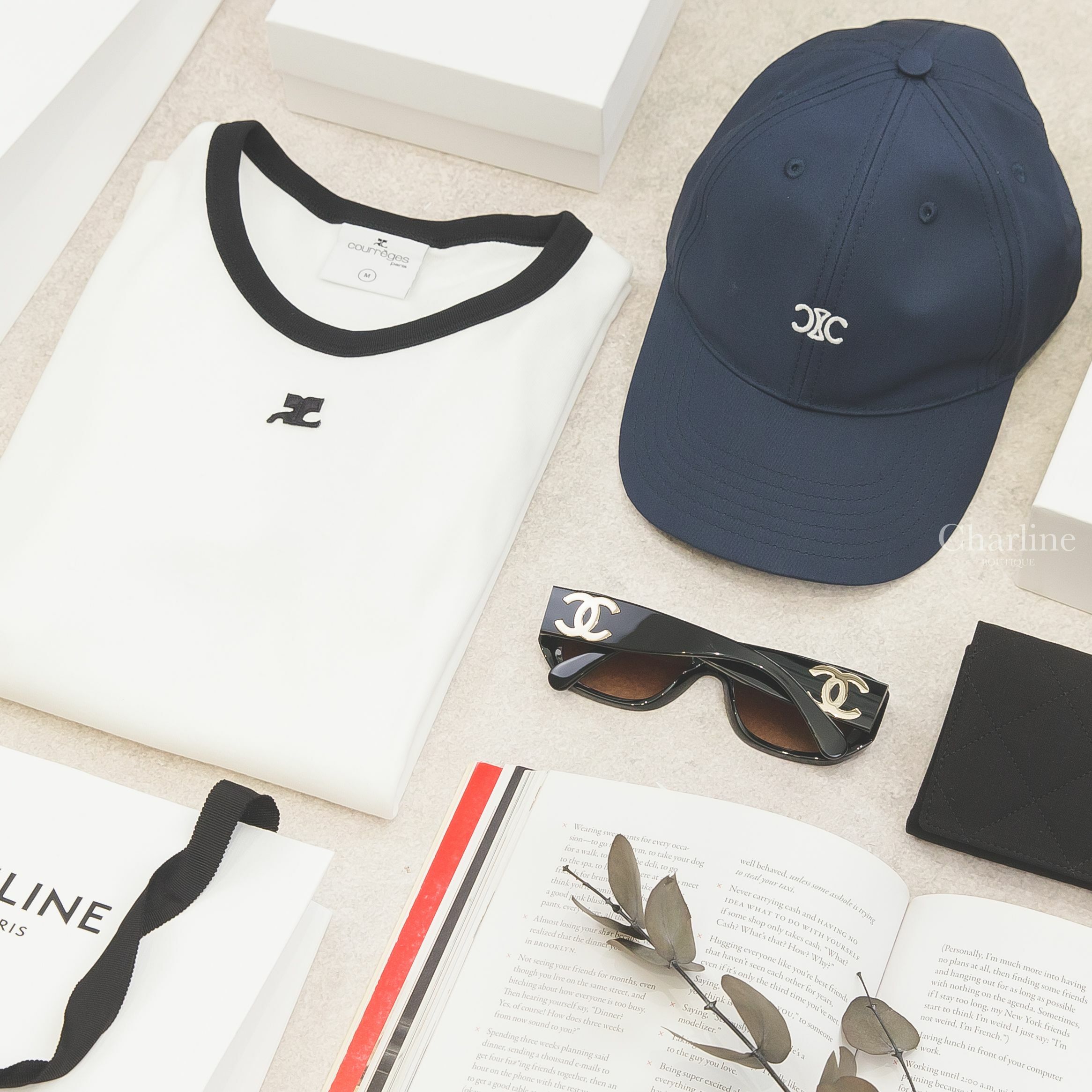 Celine Baseball Cap 海軍藍刺繡白色小凱旋門棉質棒球帽,Chanel Rectangle Sunglasses 黑色方框咖啡色漸層鏡片側邊金色CC太陽眼鏡-Charline Boutique 精品代購