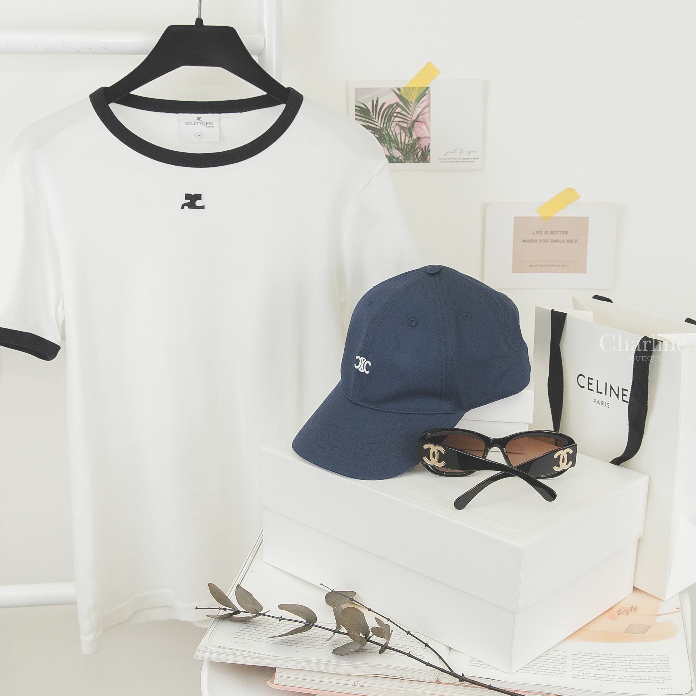 Celine Baseball Cap 海軍藍刺繡白色小凱旋門棉質棒球帽,Chanel Rectangle Sunglasses 黑色方框咖啡色漸層鏡片側邊金色CC太陽眼鏡-Charline Boutique 精品代購