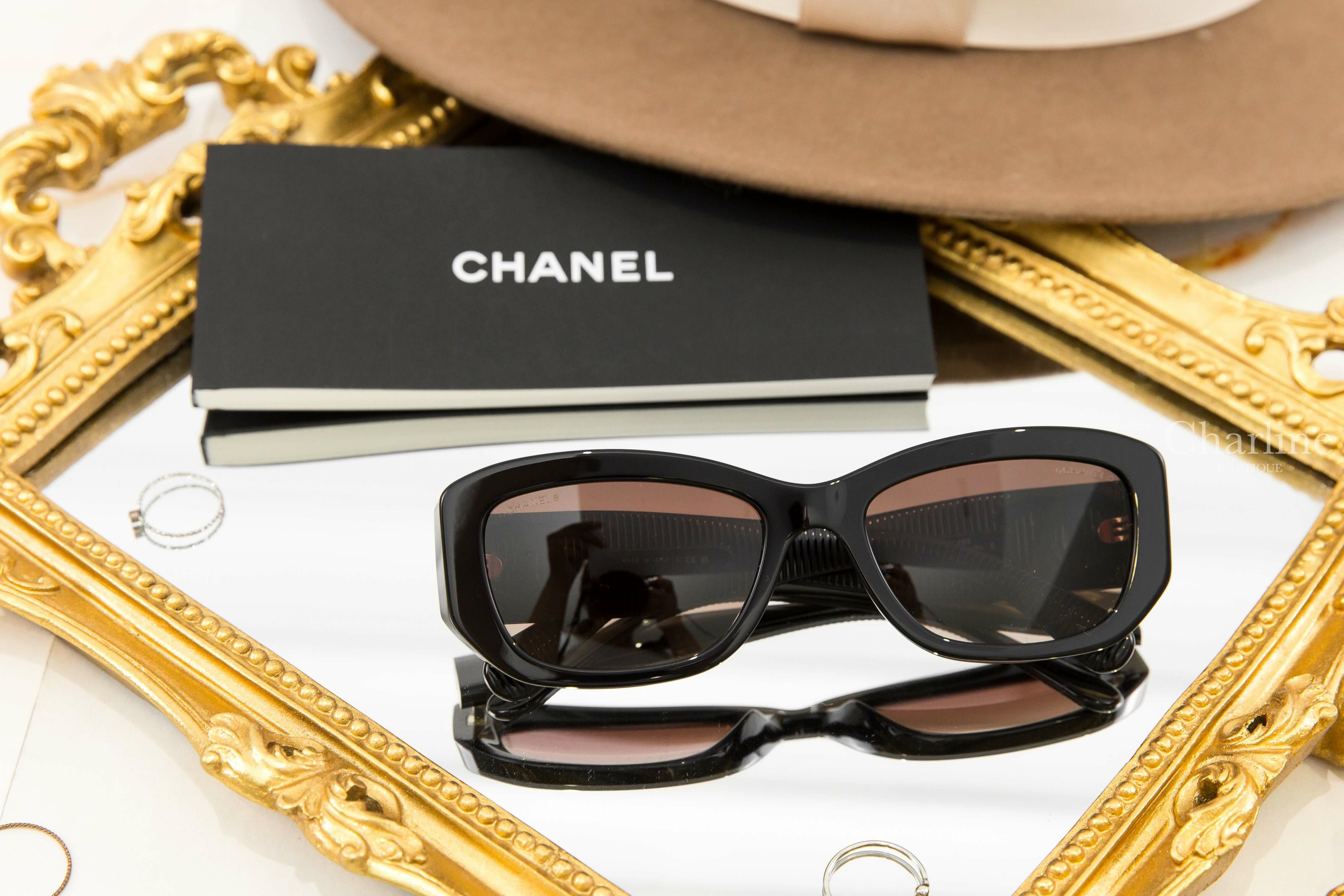 Chanel Rectangle Sunglasses 黑色方框咖啡色漸層鏡片側邊金色CC太陽眼鏡-Charline Boutique 精品代購