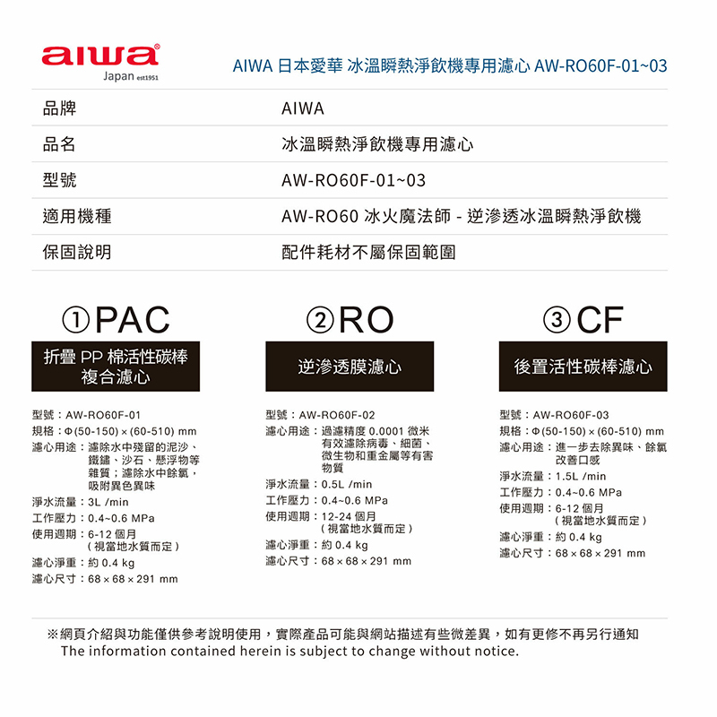 逆滲透冰溫瞬熱淨飲機 專用活性碳濾芯組 AW-RO60F(內含第1道+第3道濾芯 PAC+CF)