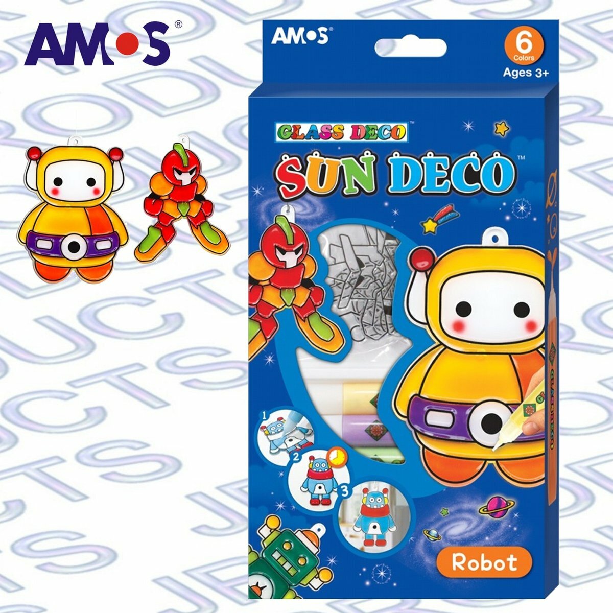 AMOS - 韓國 AMOS 繪畫玻璃彩連掛飾膠牌, 機械人 10.5毫升 x 6色(小盒裝) #SD10P6-R《香港行貨》- 1 套