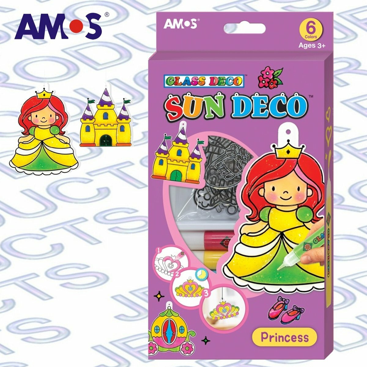 AMOS - 韓國 AMOS 繪畫玻璃彩連掛飾膠牌, 公主 10.5毫升 x 6色(小盒裝) #SD10P6-P《香港行貨》- 1 套