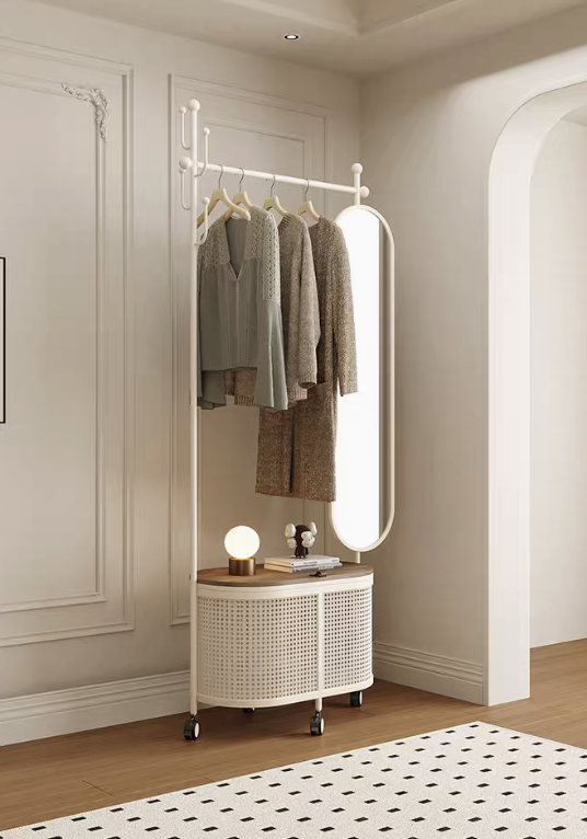 MINCUO 奶白色仿藤編籃仙人掌鏡衣帽架