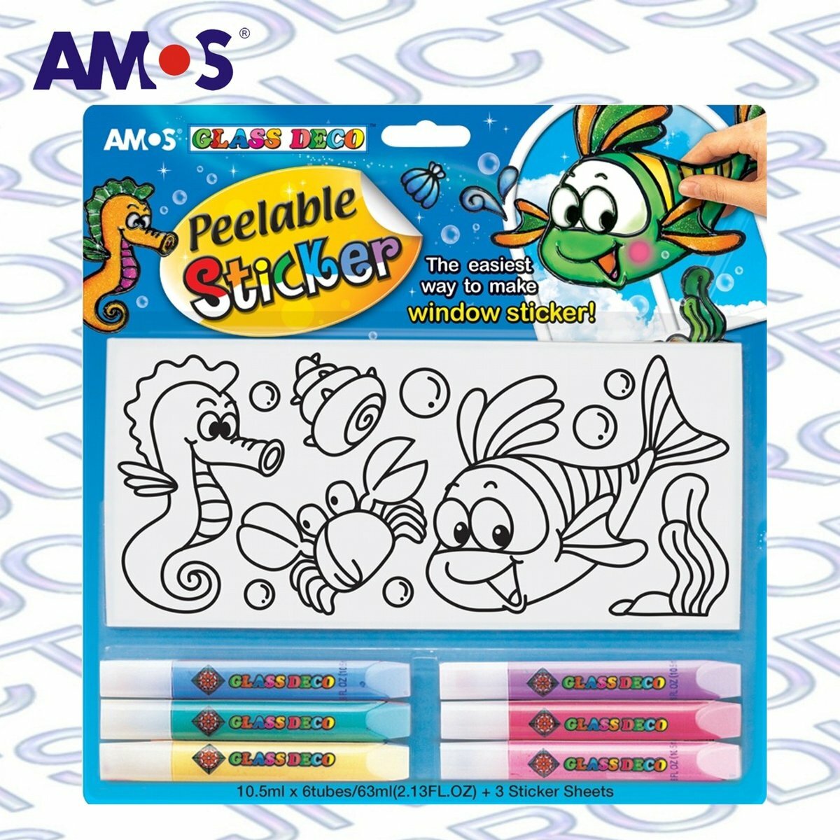 AMOS - 韓國 AMOS 繪畫玻璃彩連可移撕貼紙-D1款, 10.5毫升 x 6色 (吸塑咭裝) #PS10B6-D1《香港行貨》- 1 套