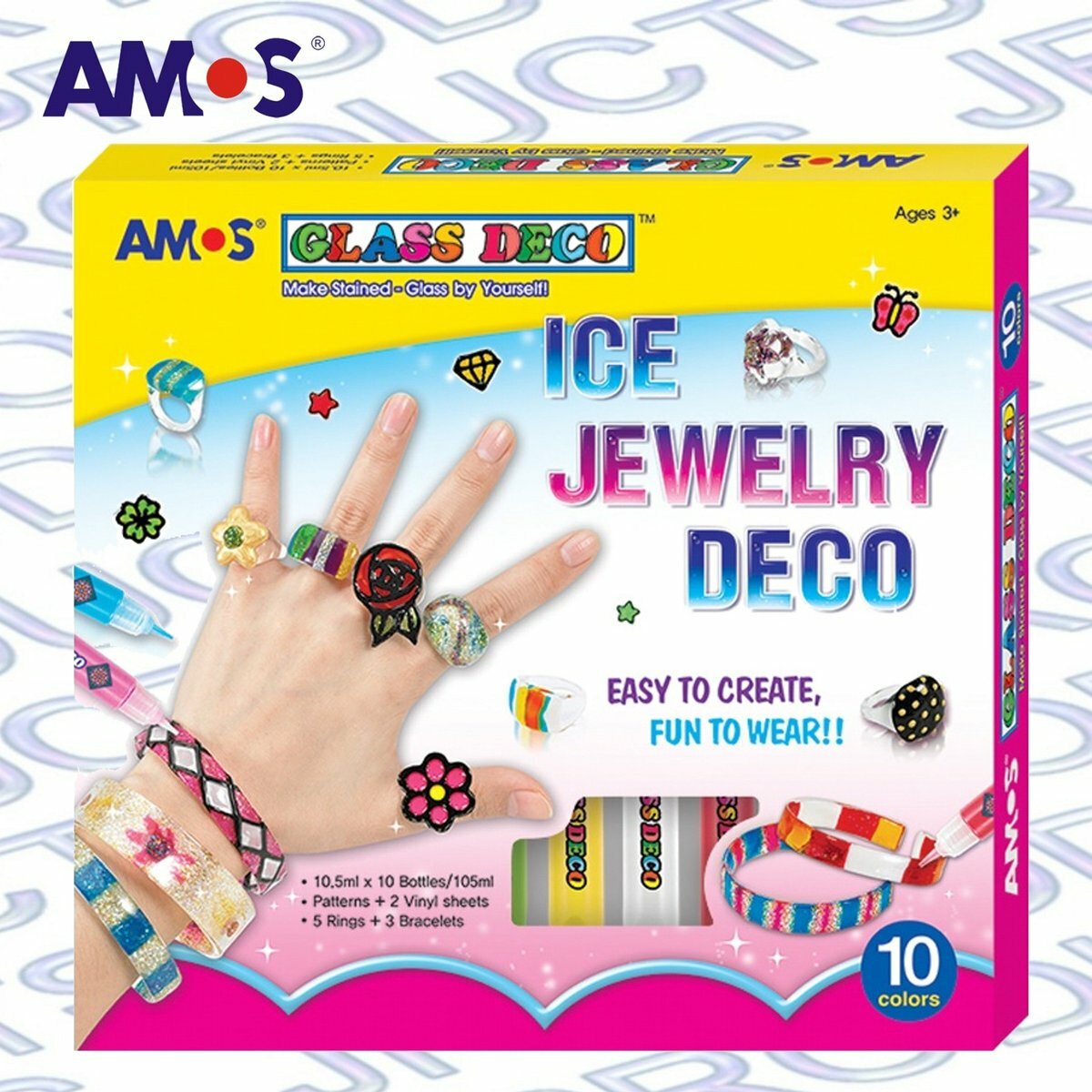 AMOS - 韓國 AMOS 繪畫玻璃彩連掛飾膠牌, 戒子+手鐲 10.5毫升 x 10色 (大盒套裝) #GD10P10IJ《香港行貨》- 1 套
