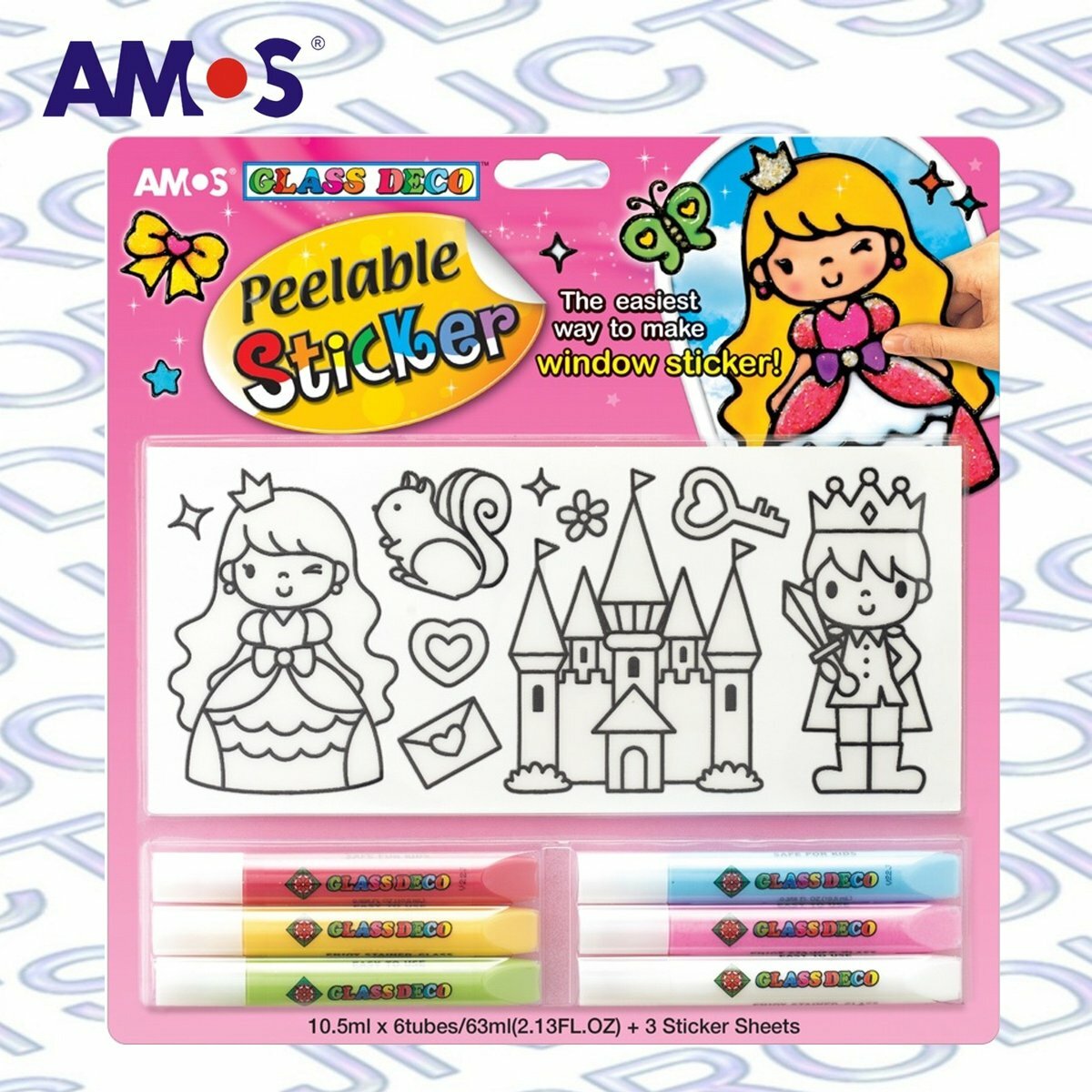 AMOS - 韓國 AMOS 繪畫玻璃彩連可移撕貼紙-D2款, 10.5毫升 x 6色 (吸塑咭裝) #PS10B6-D2《香港行貨》- 1 套