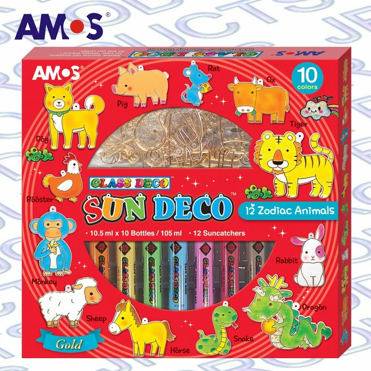 AMOS - 韓國 AMOS 繪畫玻璃彩連掛飾膠牌, 12生肖 10.5毫升 x 10色 (大盒套裝) #SD10P10-ZA《香港行貨》 - 1 套
