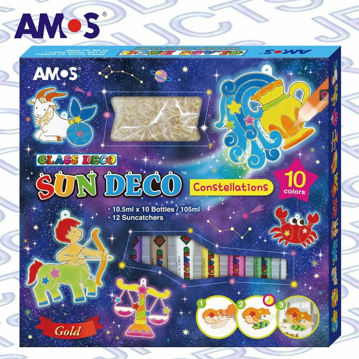 AMOS - 韓國 AMOS 繪畫玻璃彩連掛飾膠牌, 12星座 10.5毫升 x 10色 (大盒套裝) #SD10P10-CL《香港行貨》- 1 套